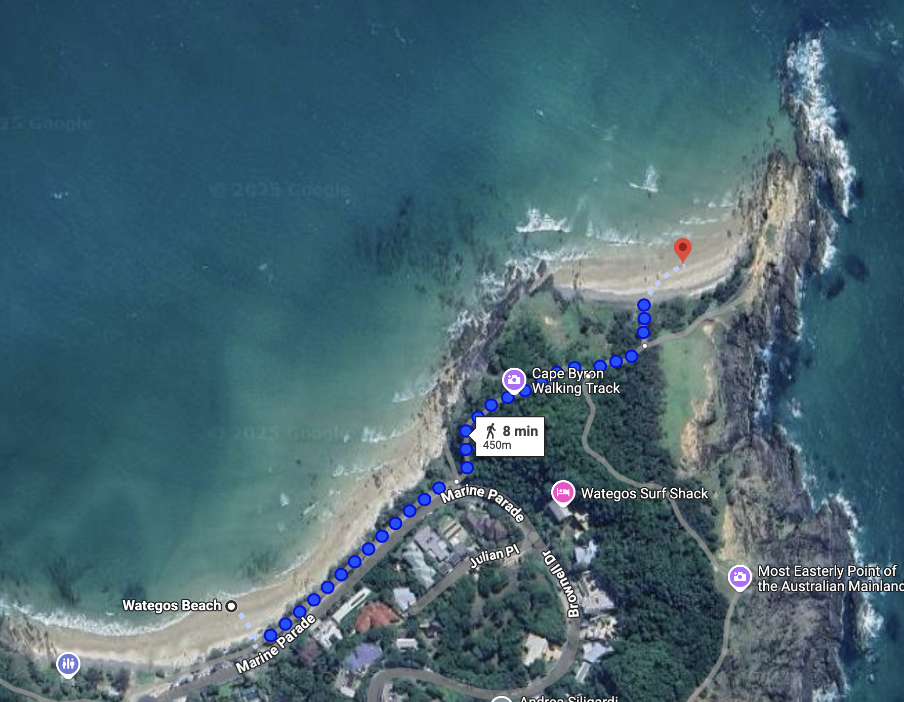 A satellite map showing the distance from Wategos to Little Wategos beach Byron Bay